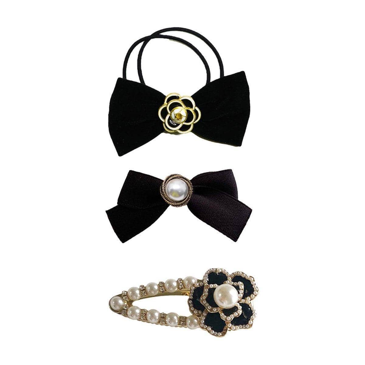 Black Fabric Hair Clip with Pearl, Ribbon Bow and Flower - Black - view 3