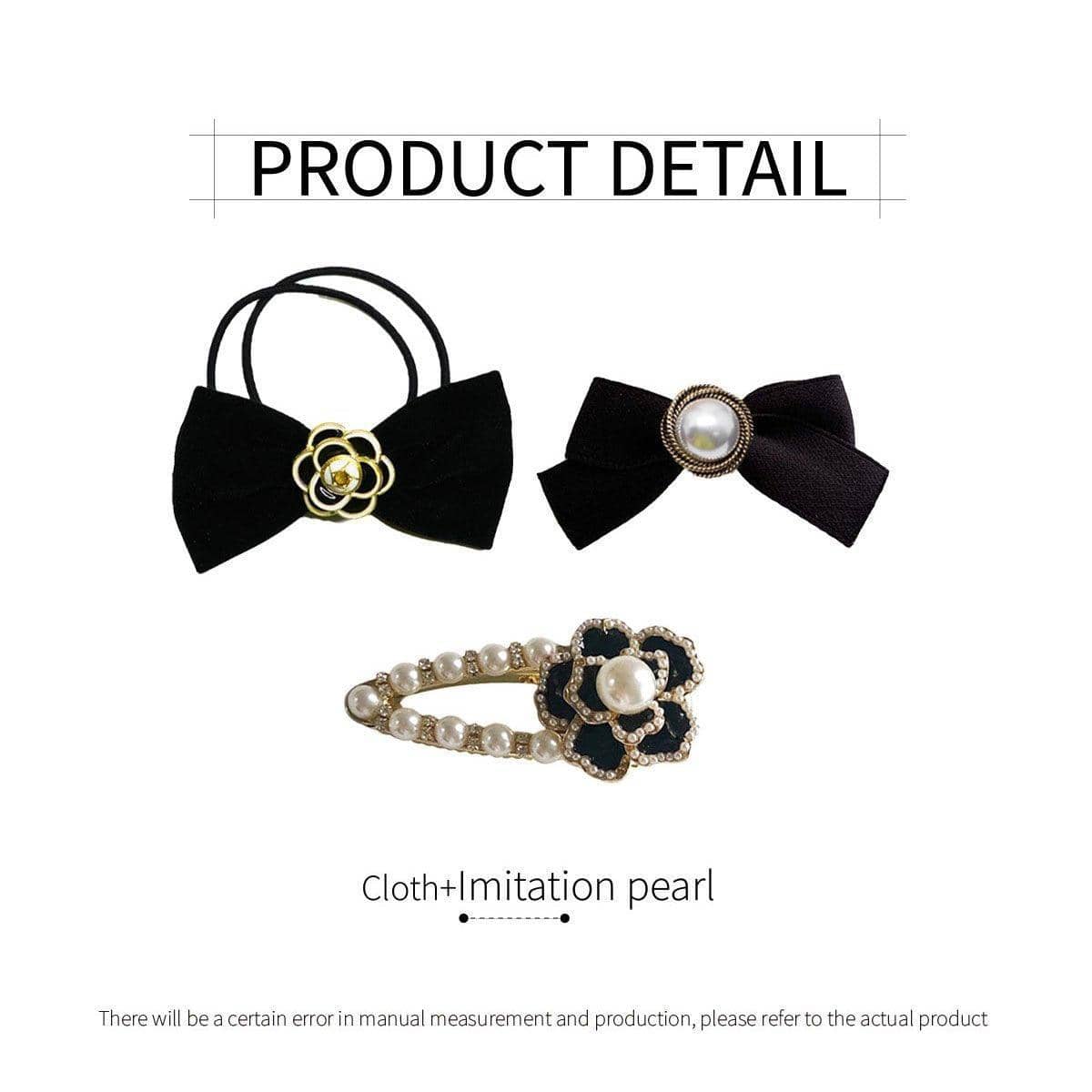 Black Fabric Hair Clip with Pearl, Ribbon Bow and Flower - Black - view 4