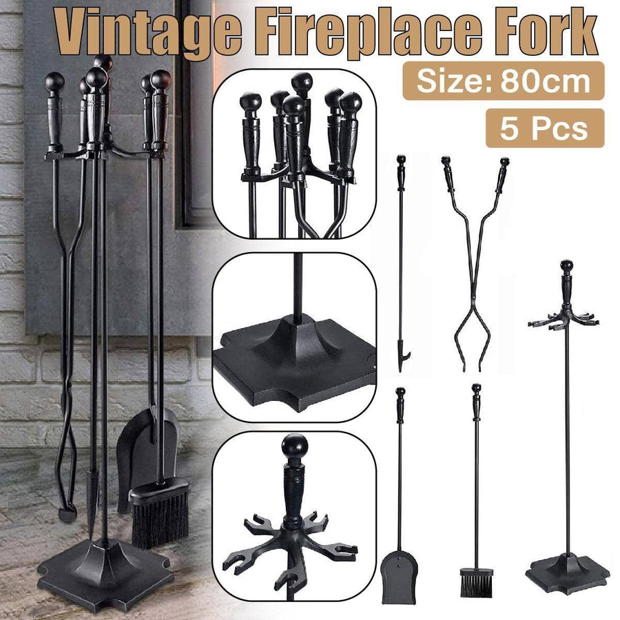 Black Iron Fireplace Tool Set, Set of 5 with Poker, Brush, Shovel, Tongs and Stand