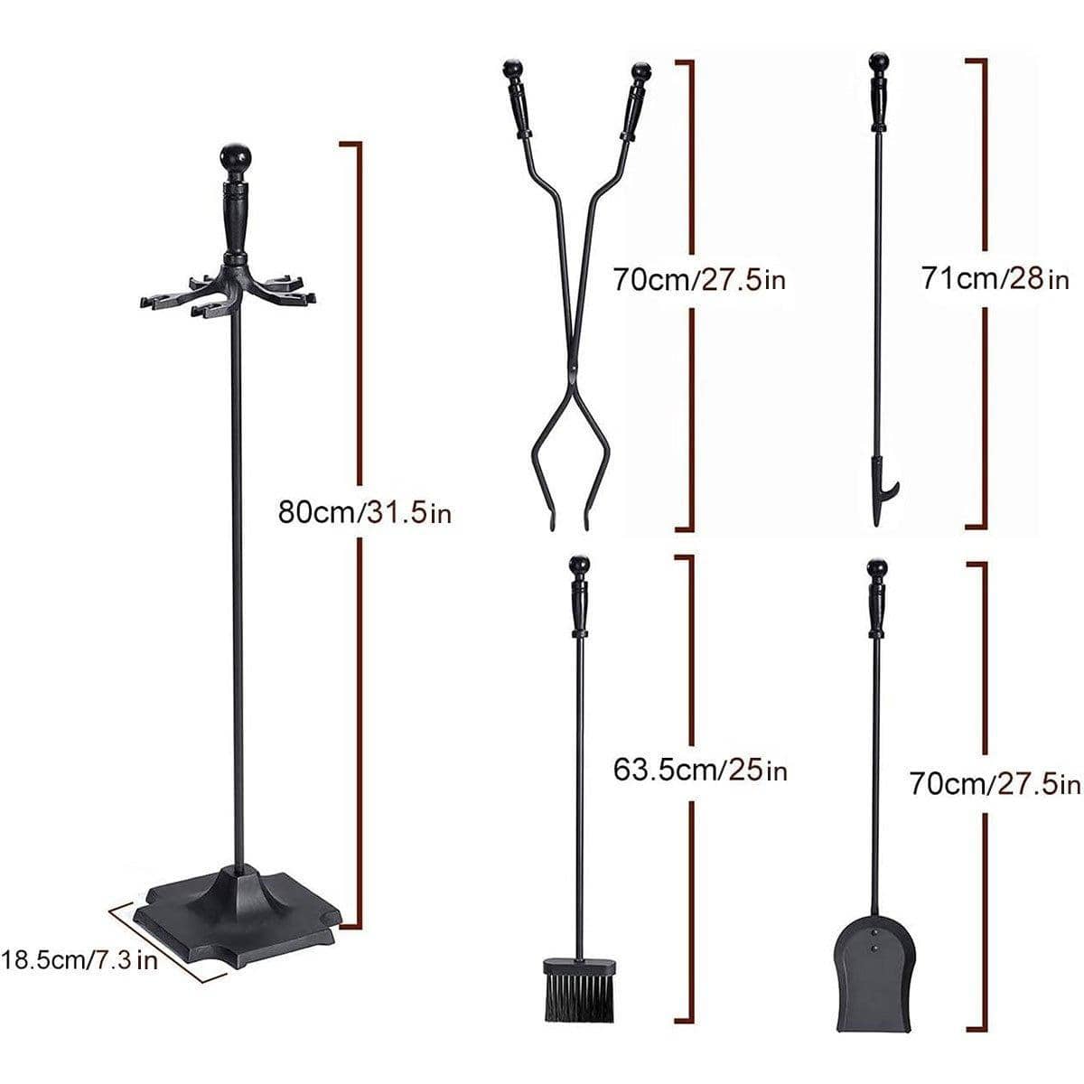Black Iron Fireplace Tool Set, Set of 5 with Poker, Brush, Shovel, Tongs and Stand - view 3
