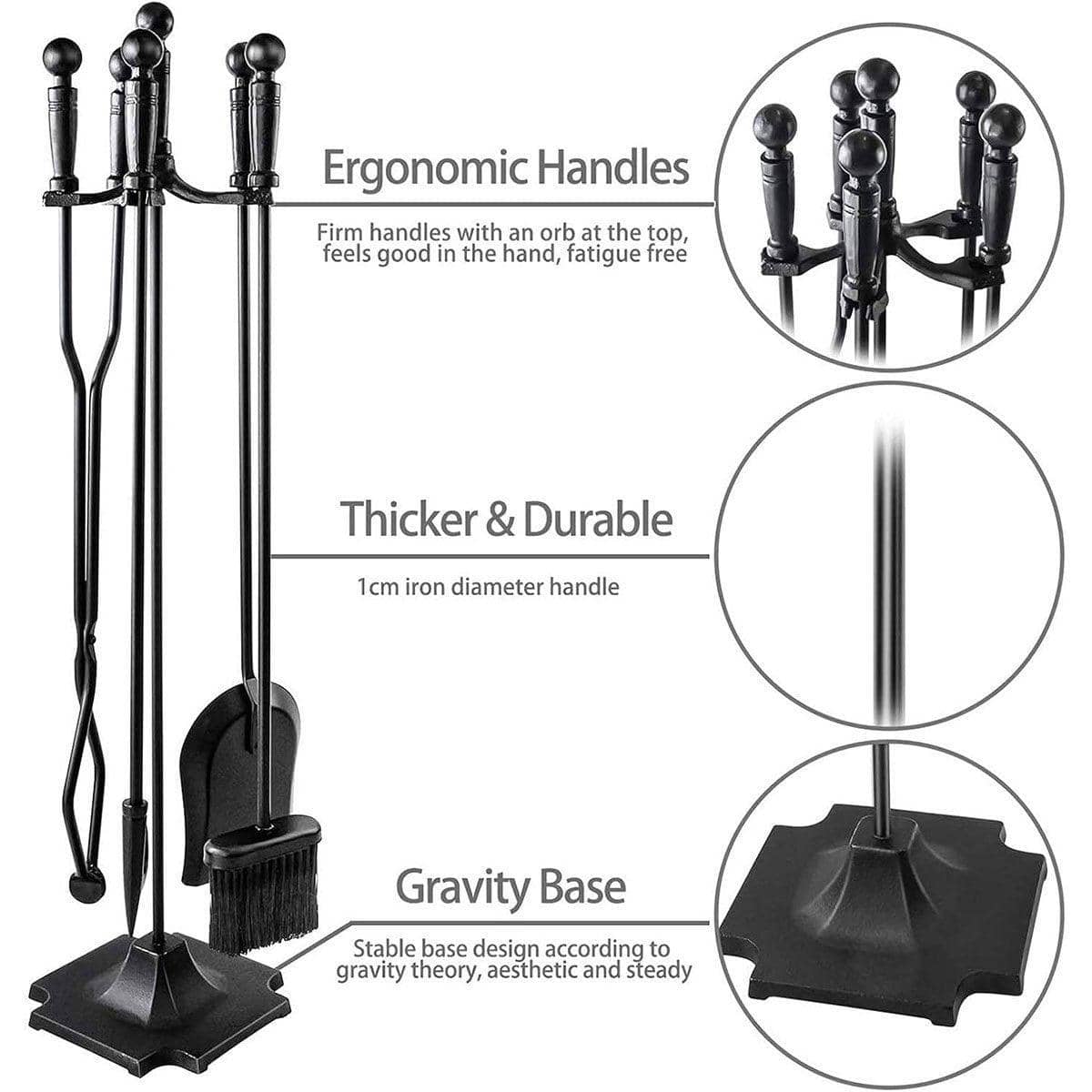 Black Iron Fireplace Tool Set, Set of 5 with Poker, Brush, Shovel, Tongs and Stand - view 4