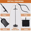 Black Iron Fireplace Tool Set, Set of 5 with Poker, Brush, Shovel, Tongs and Stand - view 5