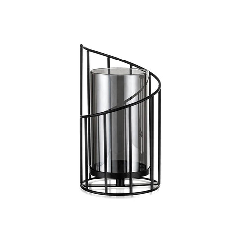 Black Iron Spiral Candle Holder with Glass Shade, Decorative Candlestick - Size L (11 x 22 cm)