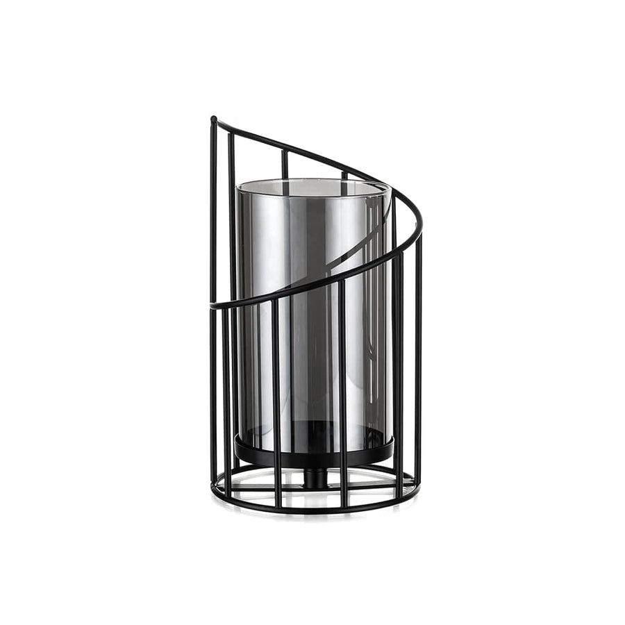 Black Iron Spiral Candle Holder with Glass Shade, Decorative Candlestick - Size L (11 x 22 cm)