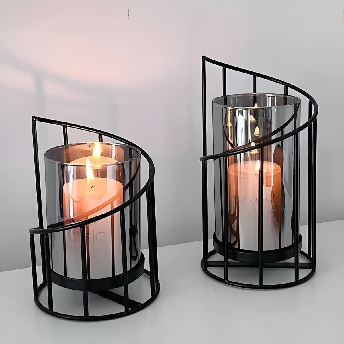 Black Iron Spiral Candle Holder with Glass Shade, Decorative Candlestick - Size L (11 x 22 cm) - view 5