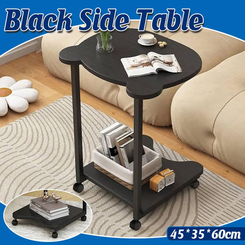 Black Mobile Side Table with Wheels, 2-Tier Storage for Living Room and Bedroom