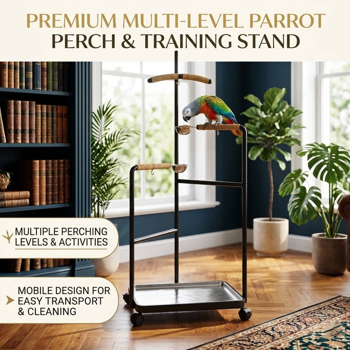 Black Multi Level Parrot Stand with Bowls Tray and Wheels