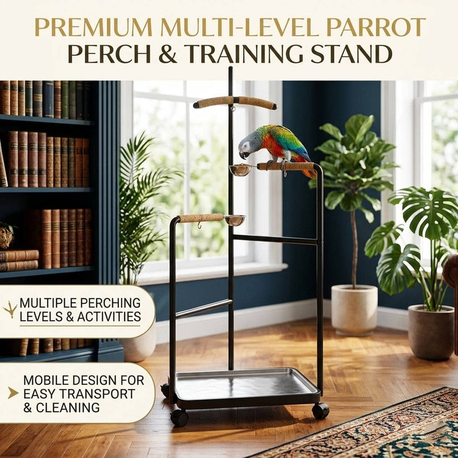 Black Multi Level Parrot Stand with Bowls Tray and Wheels