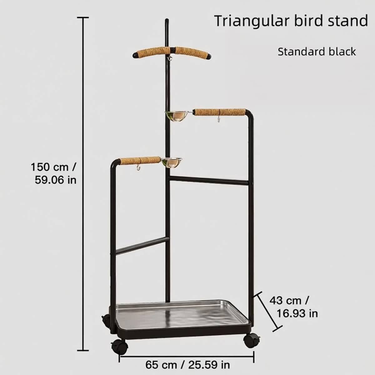 Black Multi Level Parrot Stand with Bowls Tray and Wheels - view 3