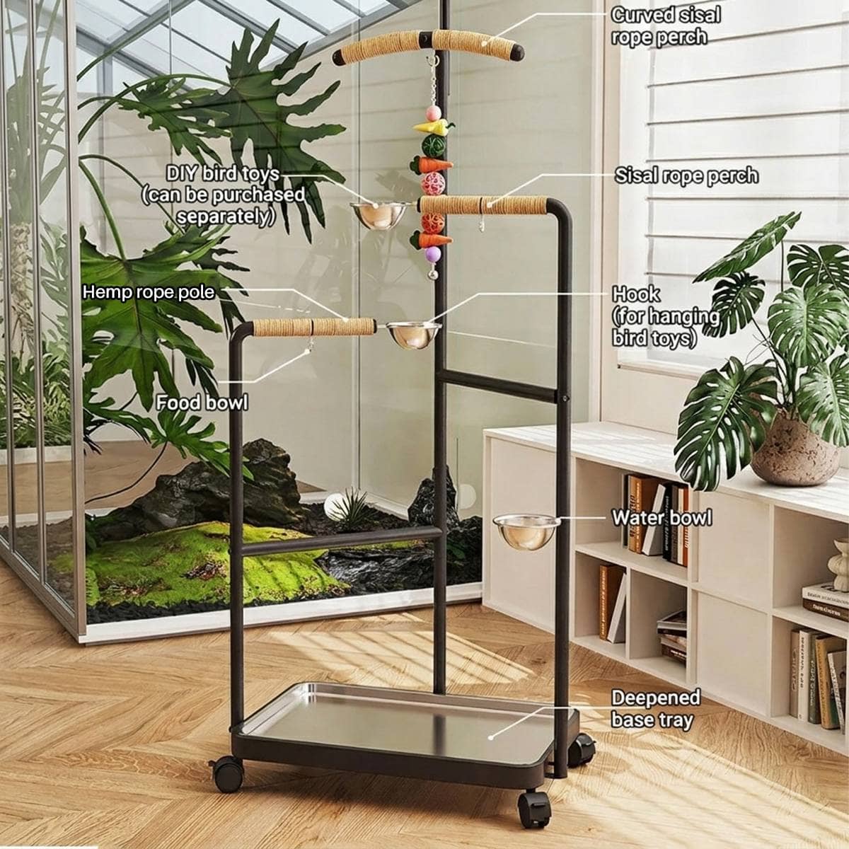 Black Multi Level Parrot Stand with Bowls Tray and Wheels - view 4
