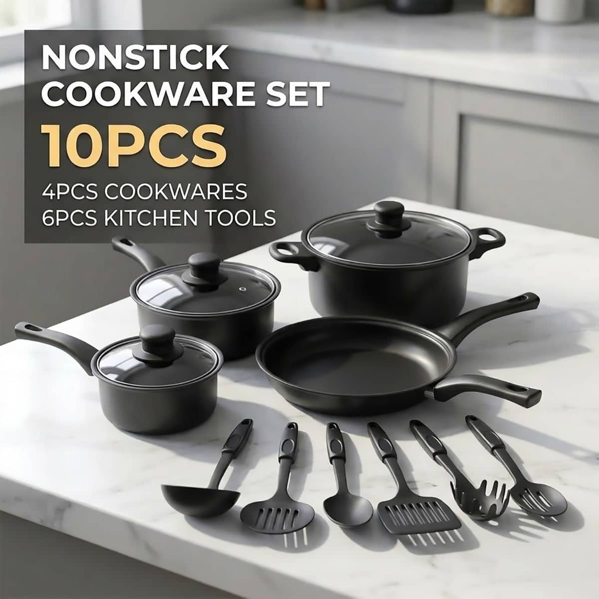 Black Nonstick Iron Cookware Set with Utensils, 10 Piece