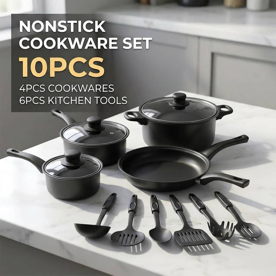 Black Nonstick Iron Cookware Set with Utensils, 10 Piece