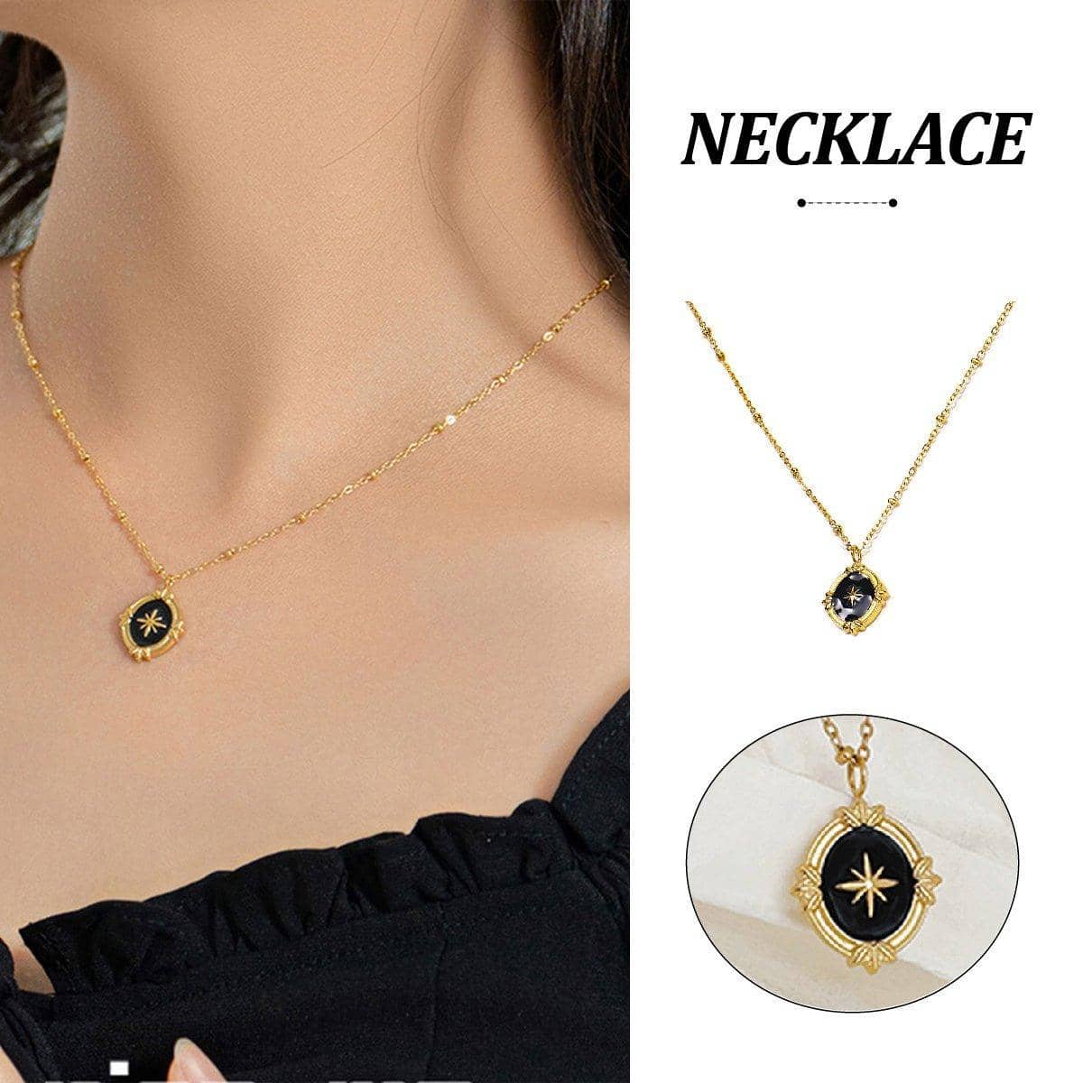Black Oval Star Pendant Necklace with Gold Frame, Fashion Jewellery