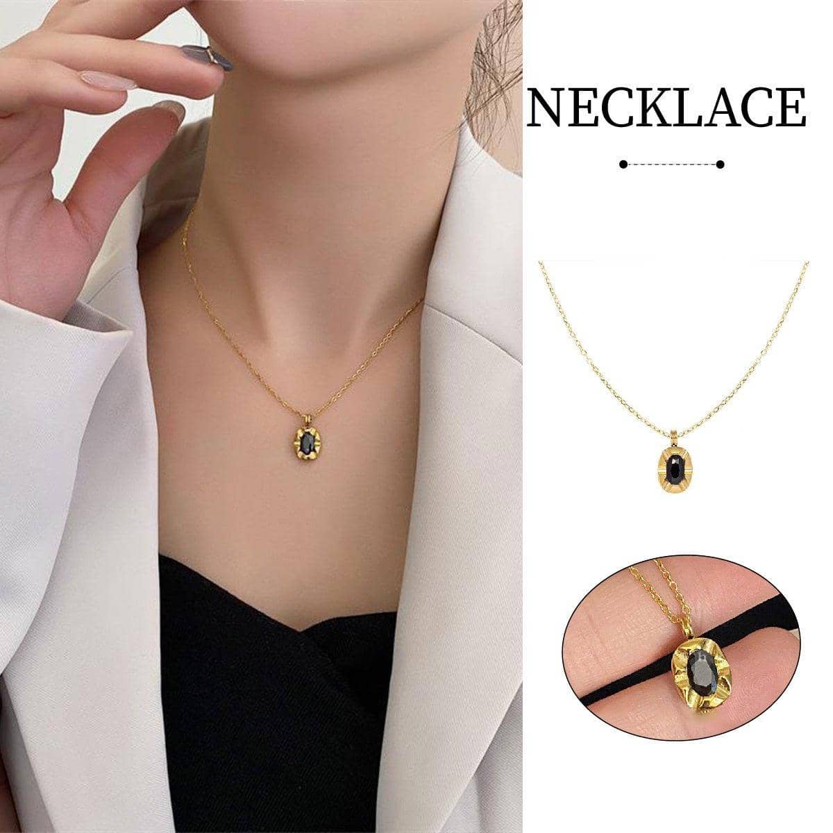 Black Pendant Clavicle Chain Necklace for Women, Copper with Gold-Tone Finish