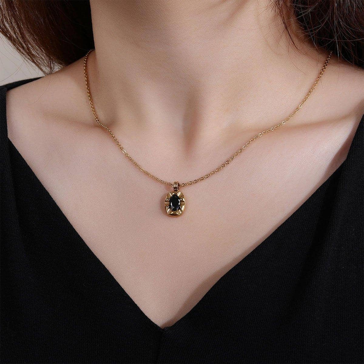 Black Pendant Clavicle Chain Necklace for Women, Copper with Gold-Tone Finish - view 3