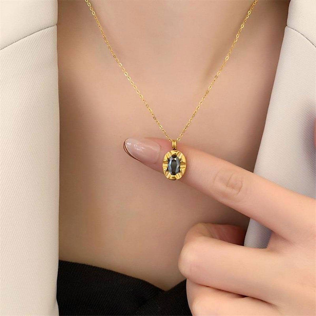 Black Pendant Clavicle Chain Necklace for Women, Copper with Gold-Tone Finish - view 4