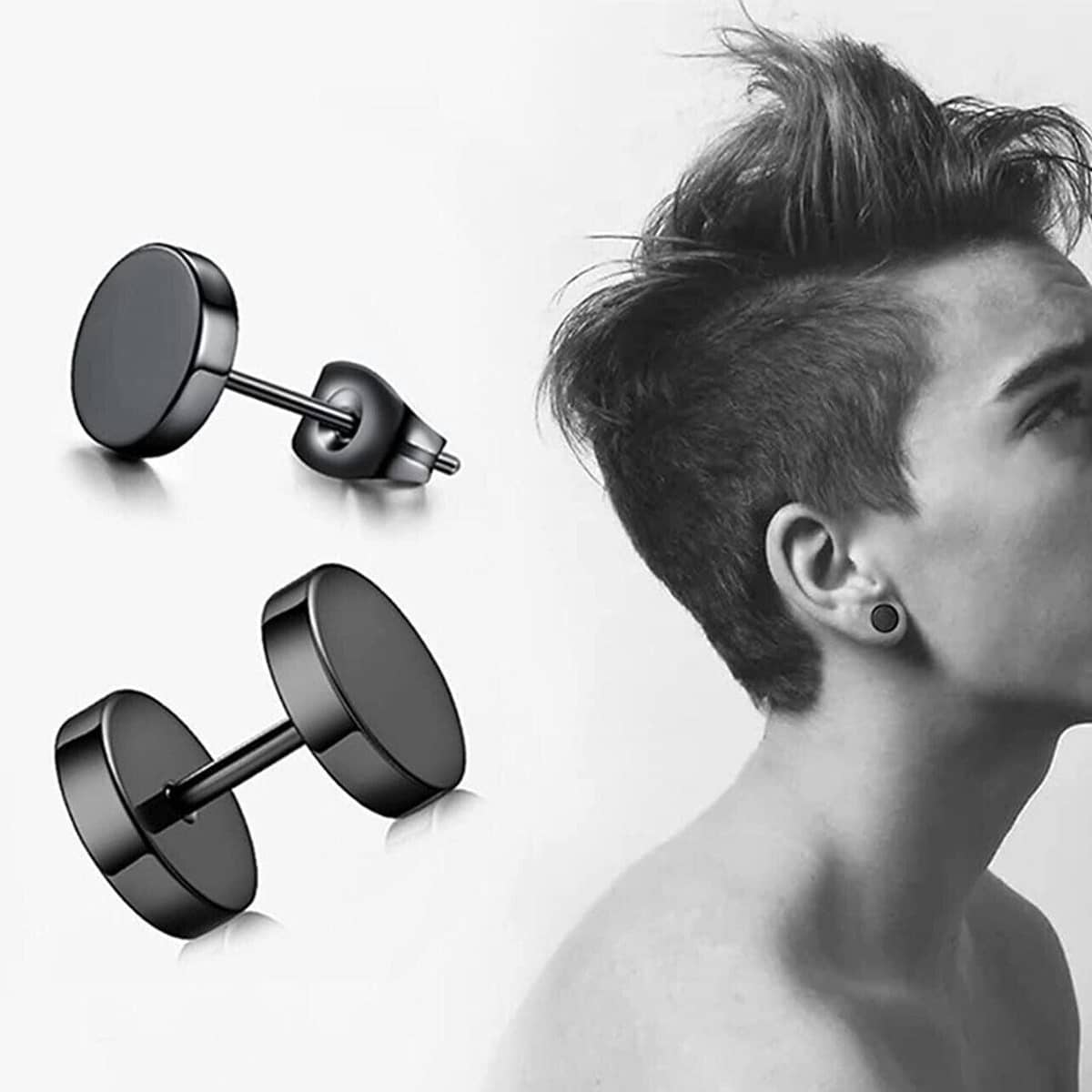 Black Round Barbell Stud Earrings, Stainless Steel - 12mm - view 4