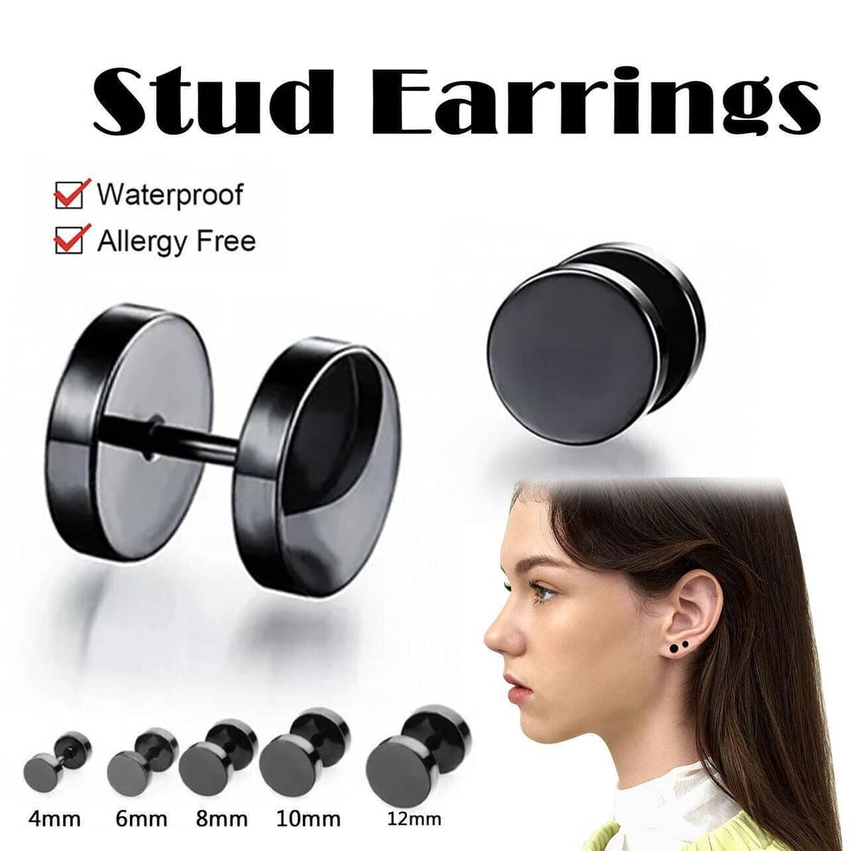 Black Round Barbell Stud Earrings, Stainless Steel - 4mm - view 2