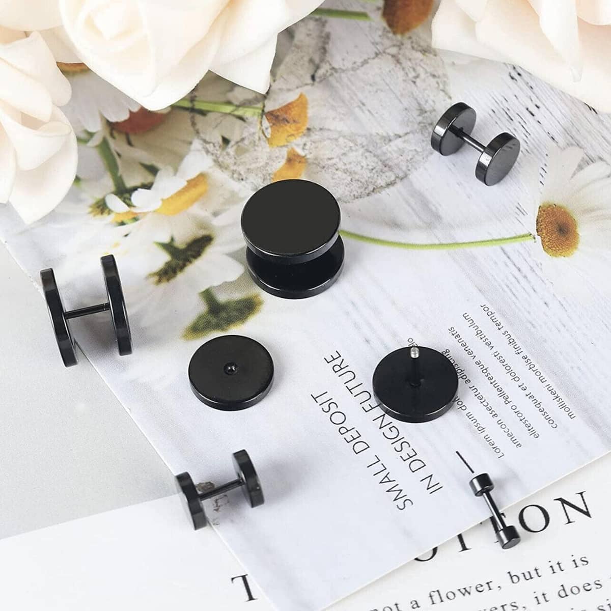 Black Round Barbell Stud Earrings, Stainless Steel - 6mm - view 5