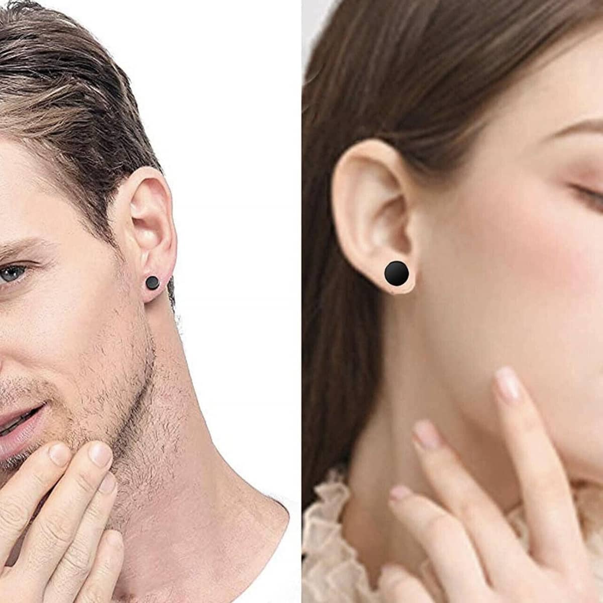 Black Round Barbell Stud Earrings, Stainless Steel - 8mm - view 3