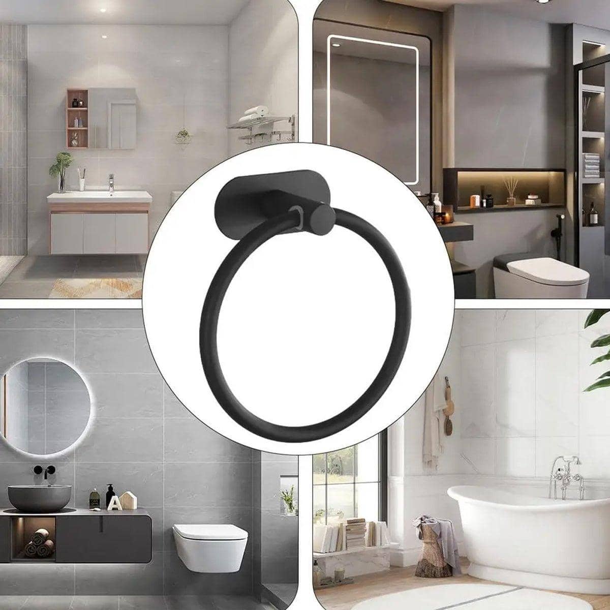 Black Stainless Steel Oval Towel Rings, Non-Perforated Adhesive Mount, Pack of 2 - view 5