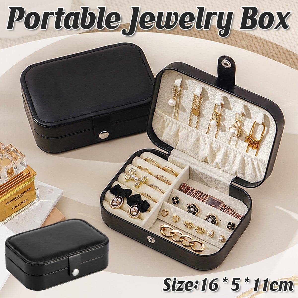 Black Travel Jewellery Box, PU Leather Organiser Case for Rings and Necklaces