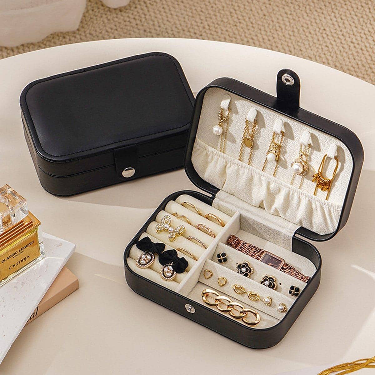 Black Travel Jewellery Box, PU Leather Organiser Case for Rings and Necklaces - view 4