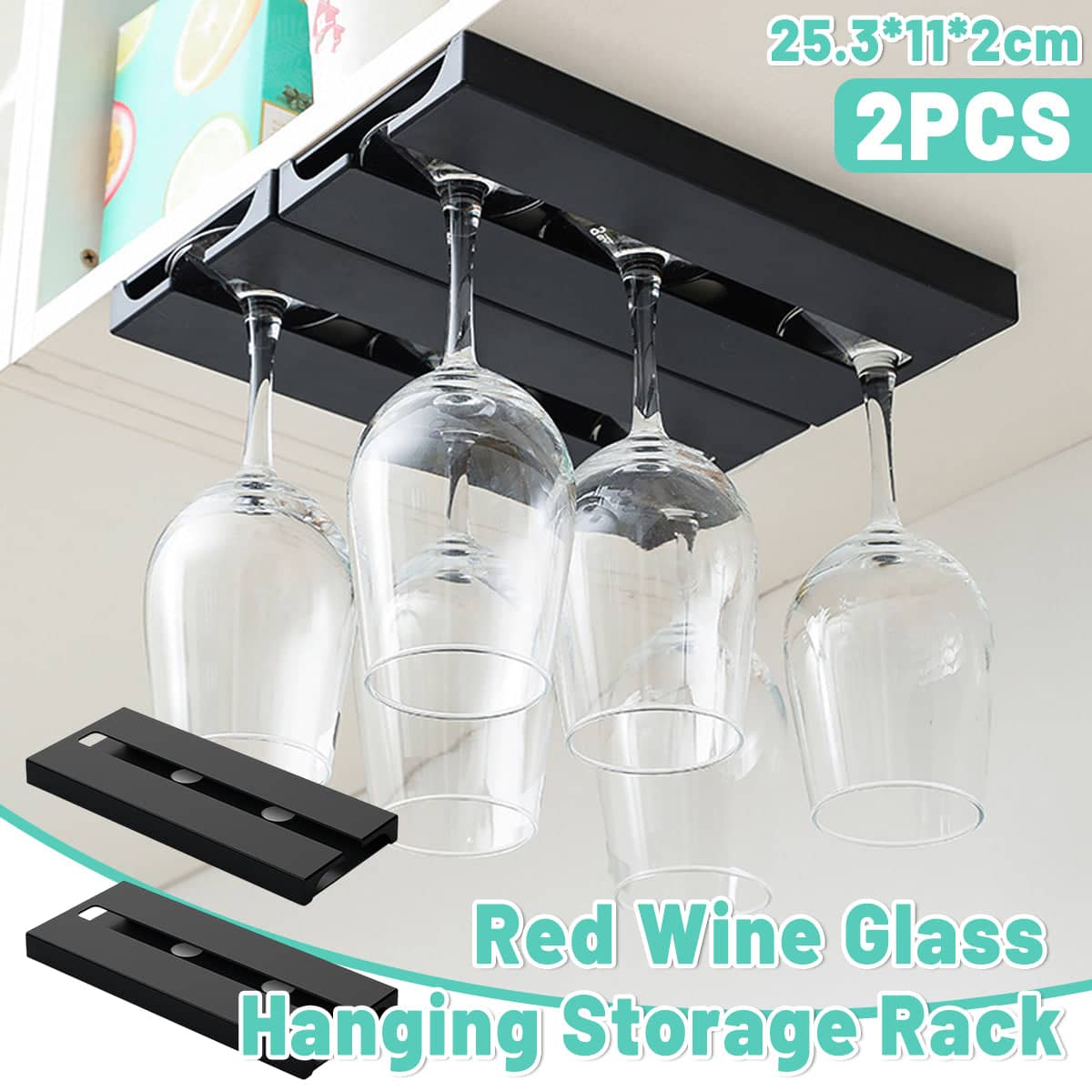 Black Under Cabinet Wine Glass Hanging Rack, Set of 2 Stemware Storage and Drying Rack