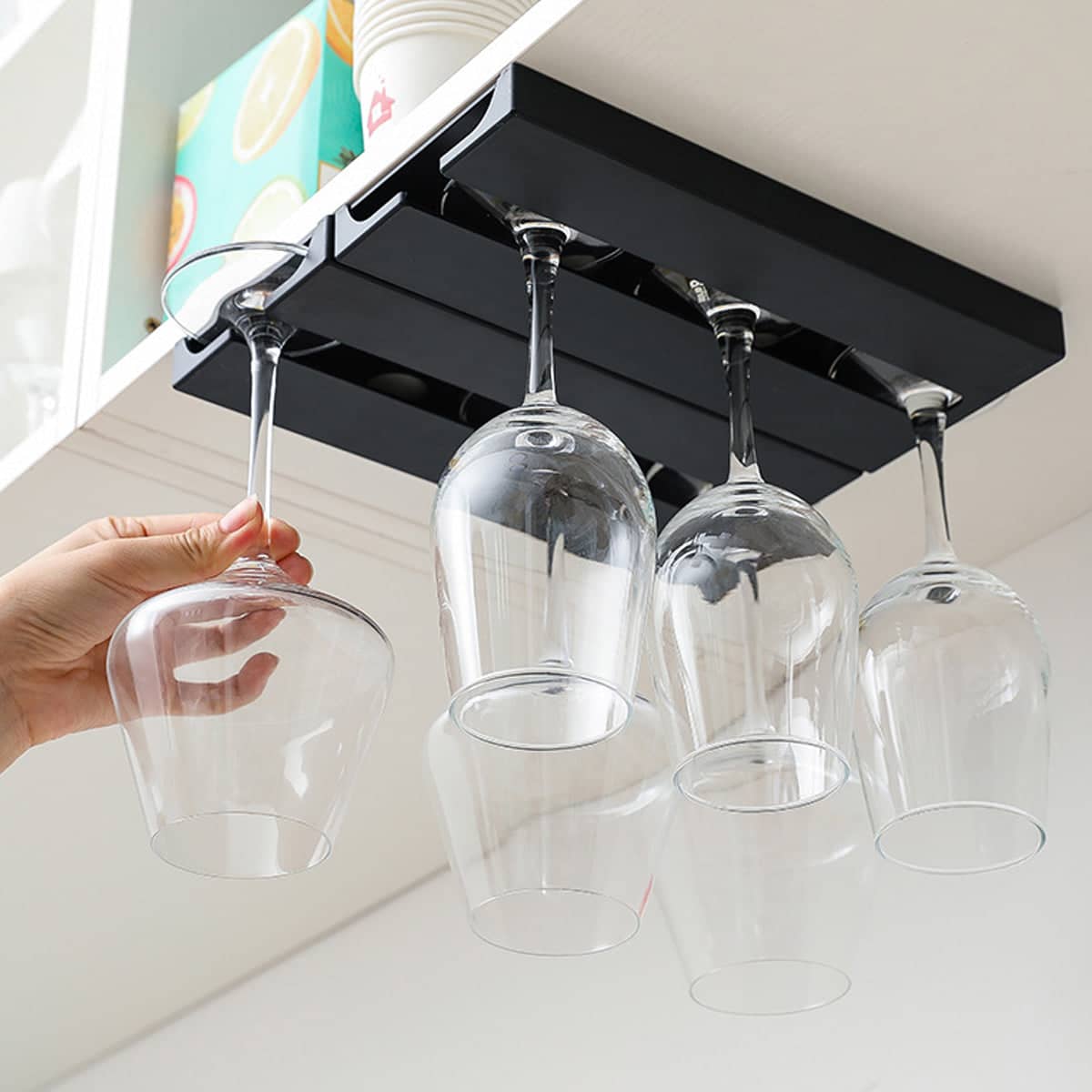 Black Under Cabinet Wine Glass Hanging Rack, Set of 2 Stemware Storage and Drying Rack - view 4