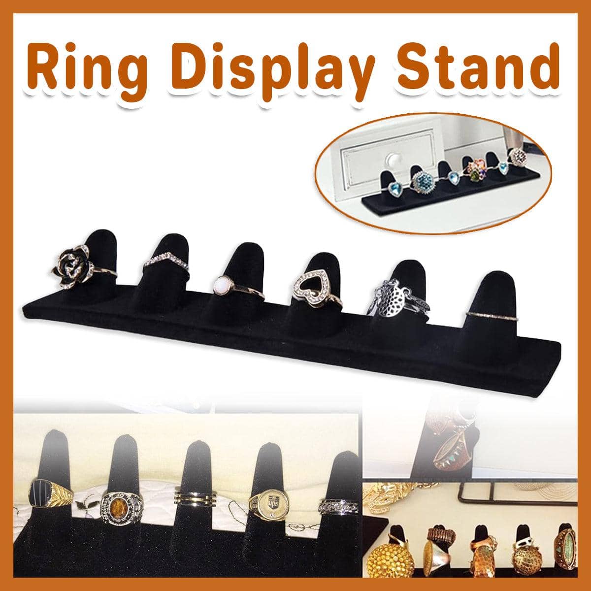 Black Velvet Ring Holder Display Stand with 6 Slots for Jewellery