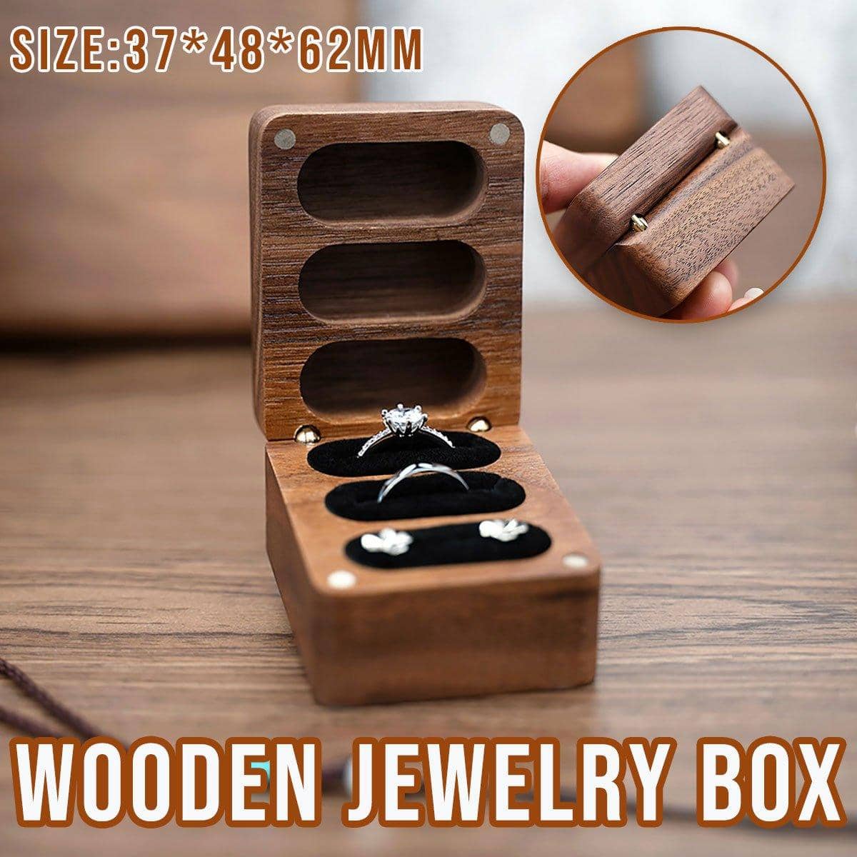 Black Walnut Wooden Ring Box with Three Slots, Jewellery Box for Weddings