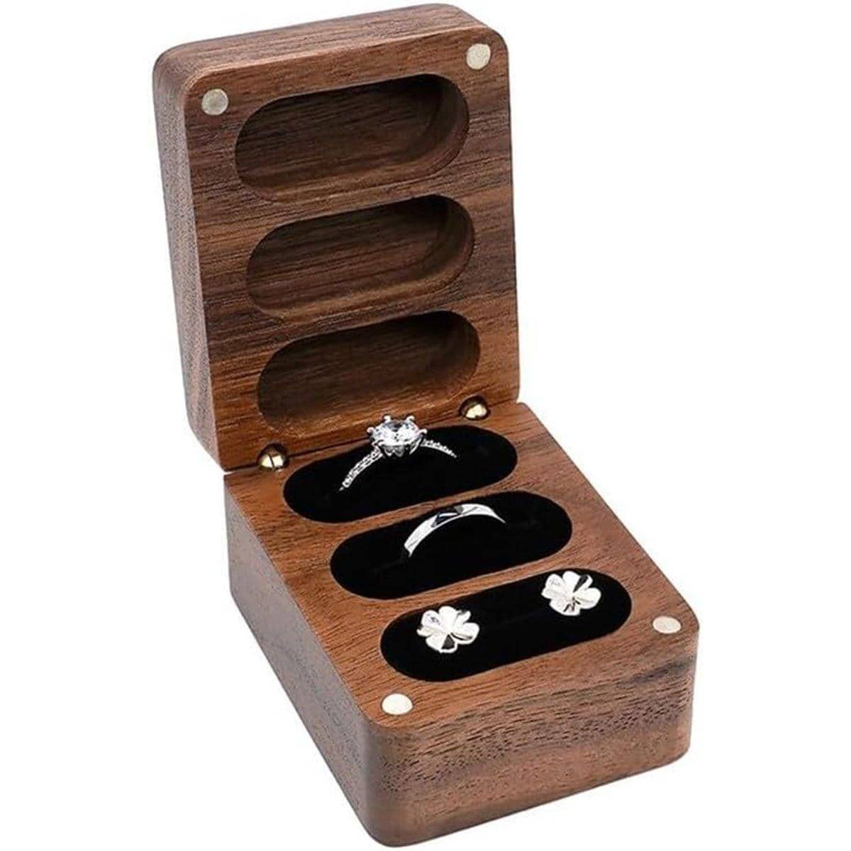Black Walnut Wooden Ring Box with Three Slots, Jewellery Box for Weddings - view 2