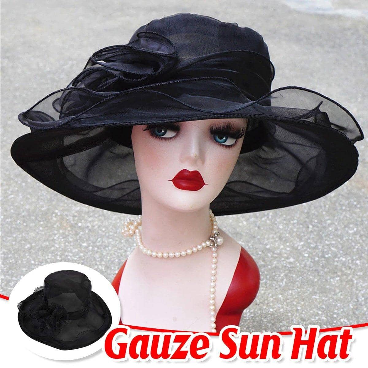 Black Wide Brim Gauze Sun Hat for Women, Lightweight Summer Beach Hat