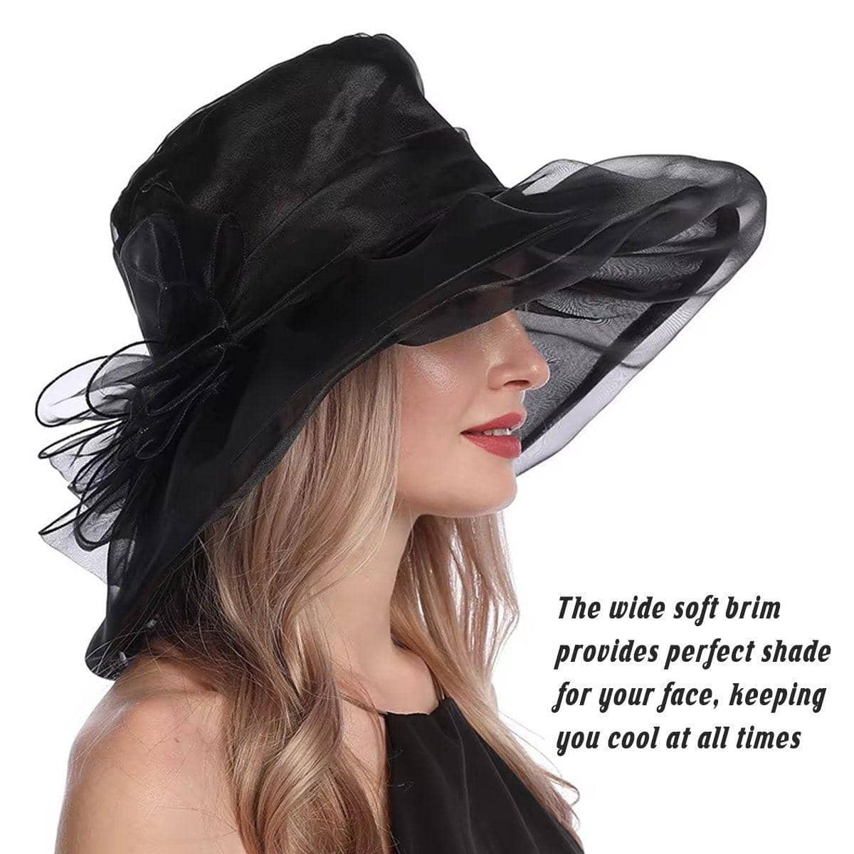 Black Wide Brim Gauze Sun Hat for Women, Lightweight Summer Beach Hat - view 4