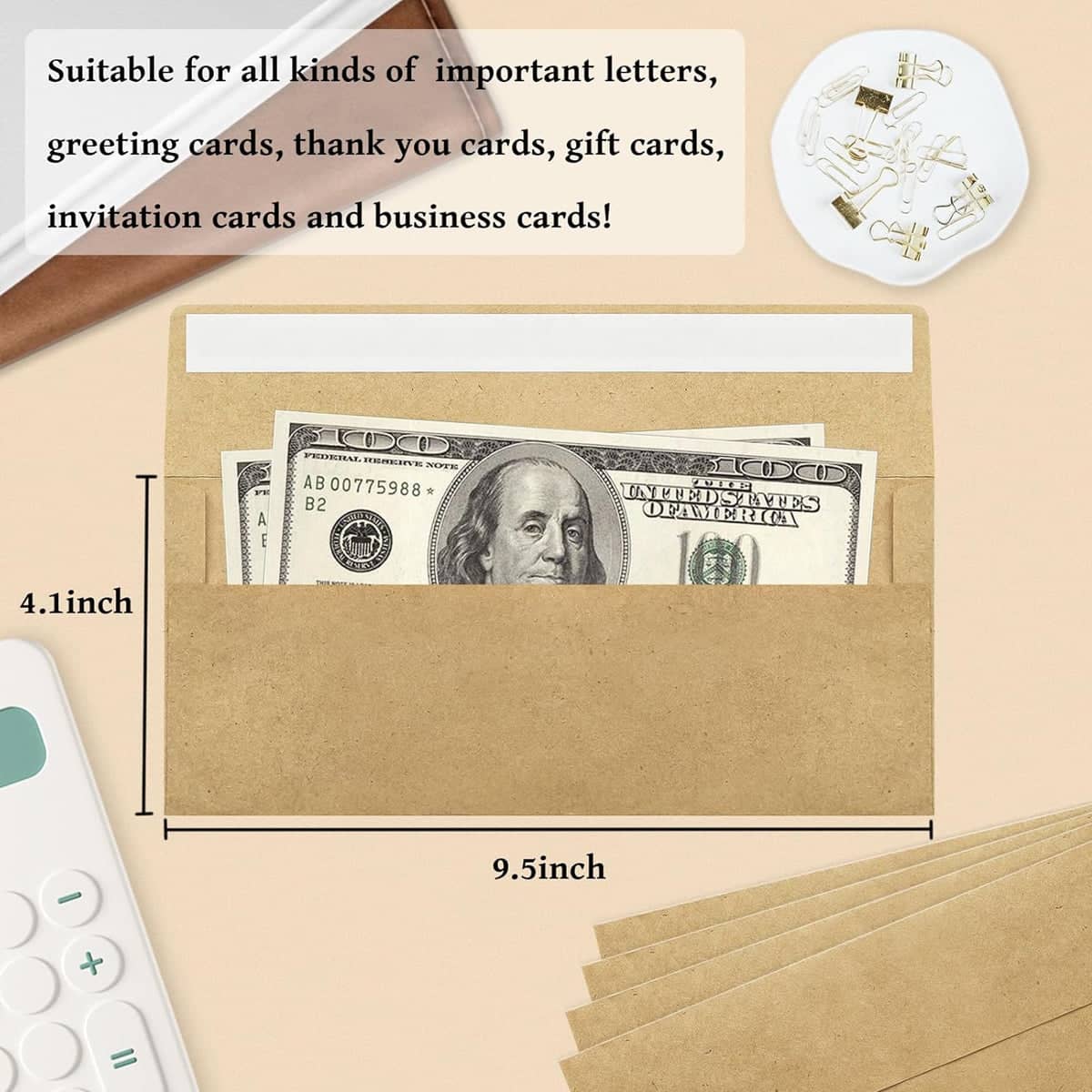 Blank Kraft Paper Self-Adhesive Business Envelopes, Peel and Seal, Pack of 100, 24.1 x 10.5 cm - view 5
