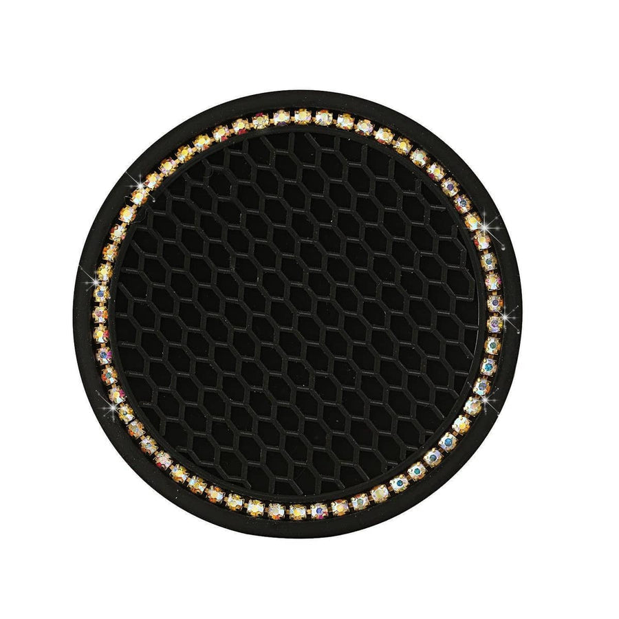 Bling Rhinestone Car Cup Holder Coasters, Anti-Slip, Pack of 2 - Black with Champagne Rhinestone Rim