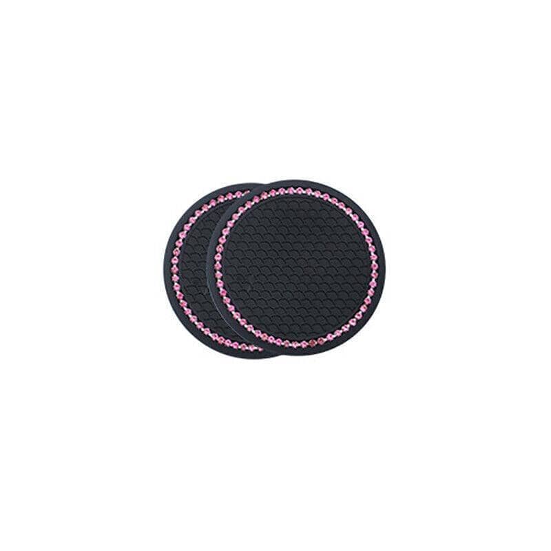 Bling Rhinestone Car Cup Holder Coasters, Anti-Slip, Pack of 2 - Black with Pink Rhinestone Rim
