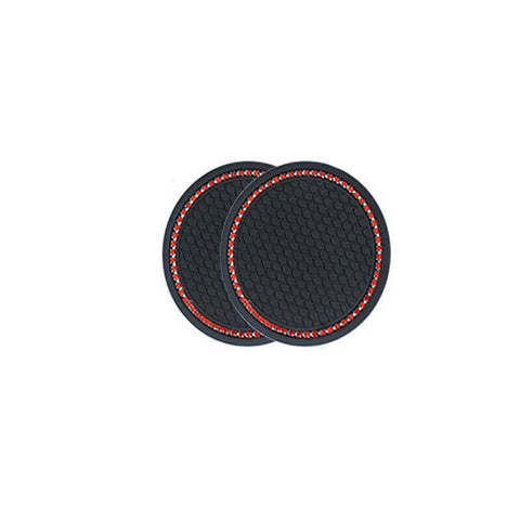 Bling Rhinestone Car Cup Holder Coasters, Anti-Slip, Pack of 2 - Black with Red Rhinestone Rim