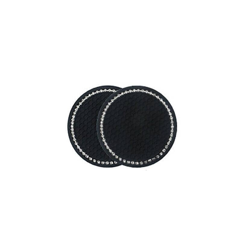 Bling Rhinestone Car Cup Holder Coasters, Anti-Slip, Pack of 2 - Black with White Rhinestone Rim