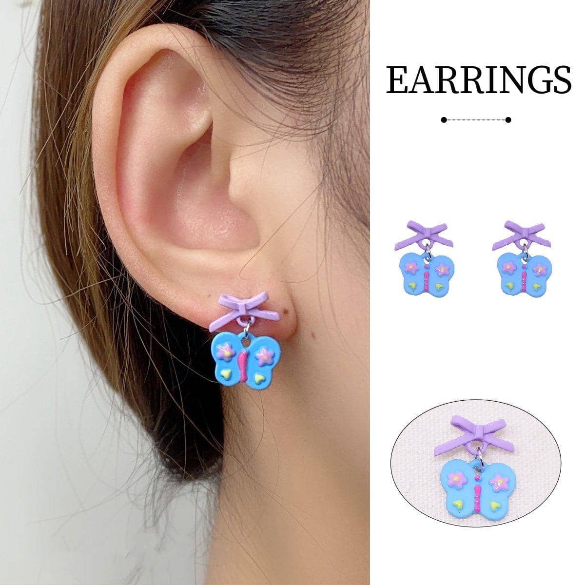 Blue Butterfly Stud Earrings with Purple Bow and Flower Accents for Women
