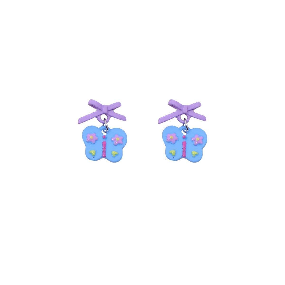 Blue Butterfly Stud Earrings with Purple Bow and Flower Accents for Women - view 2