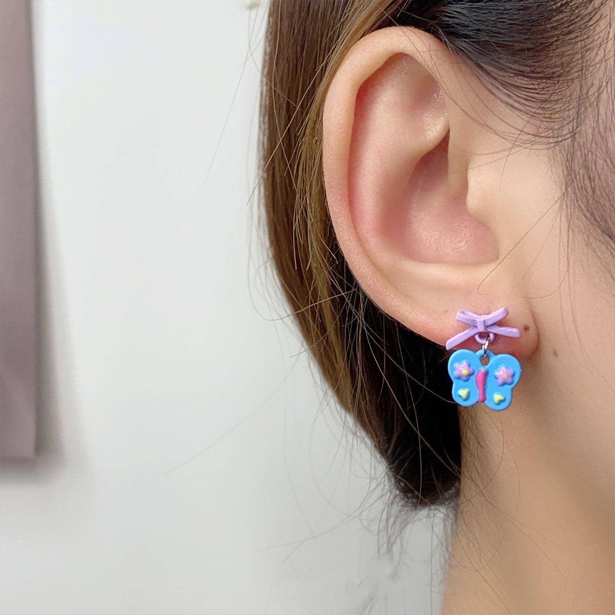 Blue Butterfly Stud Earrings with Purple Bow and Flower Accents for Women - view 4