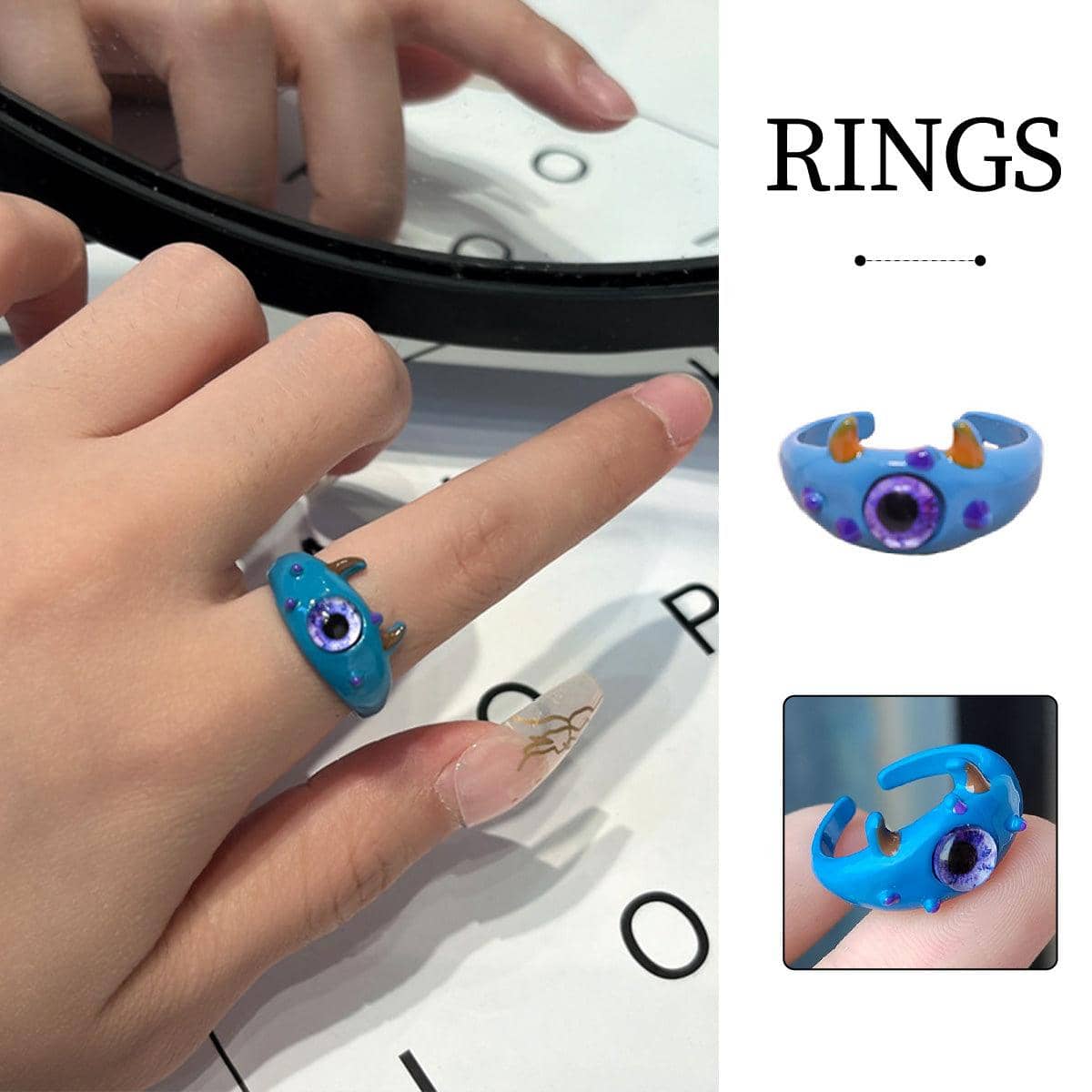 Blue Monster Eye Open Ring with Purple Eye