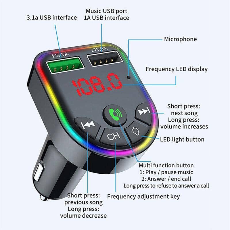 Bluetooth Car FM Transmitter with Dual USB Charger and RGB Lights - view 3