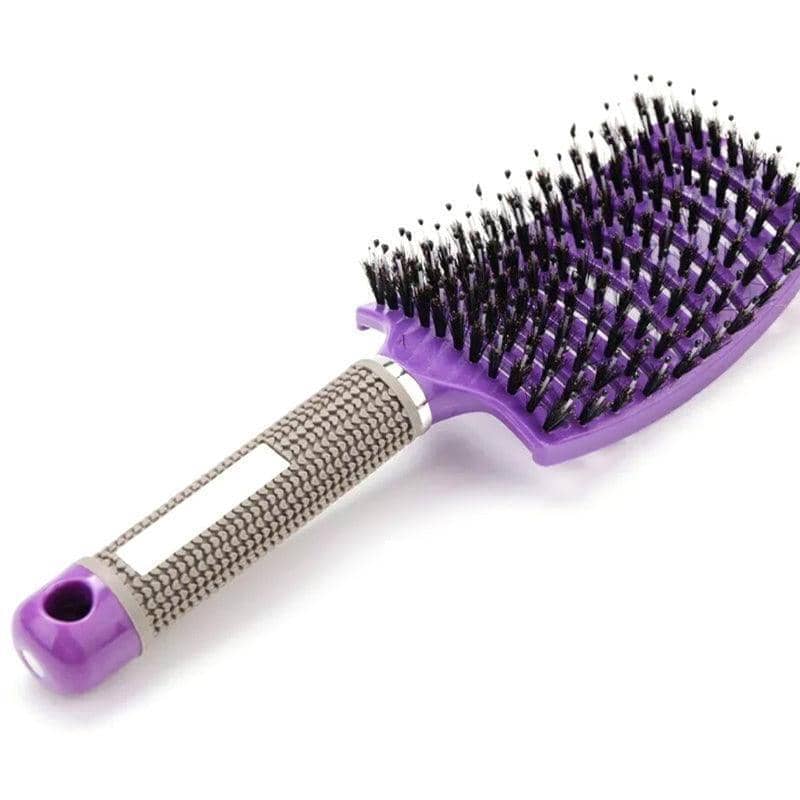 Boar Bristle Detangling Hairbrush, Vented Nylon Pin Brush - Purple