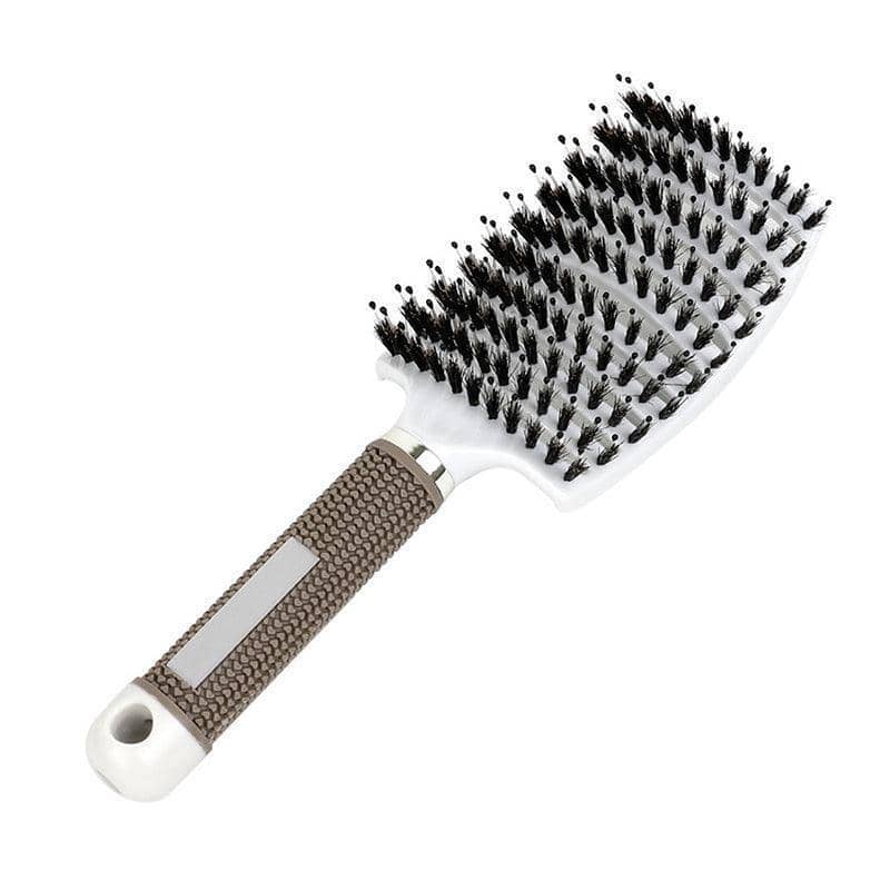 Boar Bristle Detangling Hairbrush, Vented Nylon Pin Brush - White