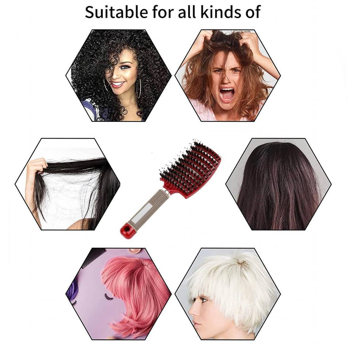 Boar Bristle Detangling Hairbrush, Vented Nylon Pin Brush - White - view 4