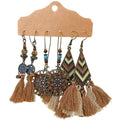 Bohemian Earrings, Set of 3 Pairs - Chevron Drop and Brown Tassel