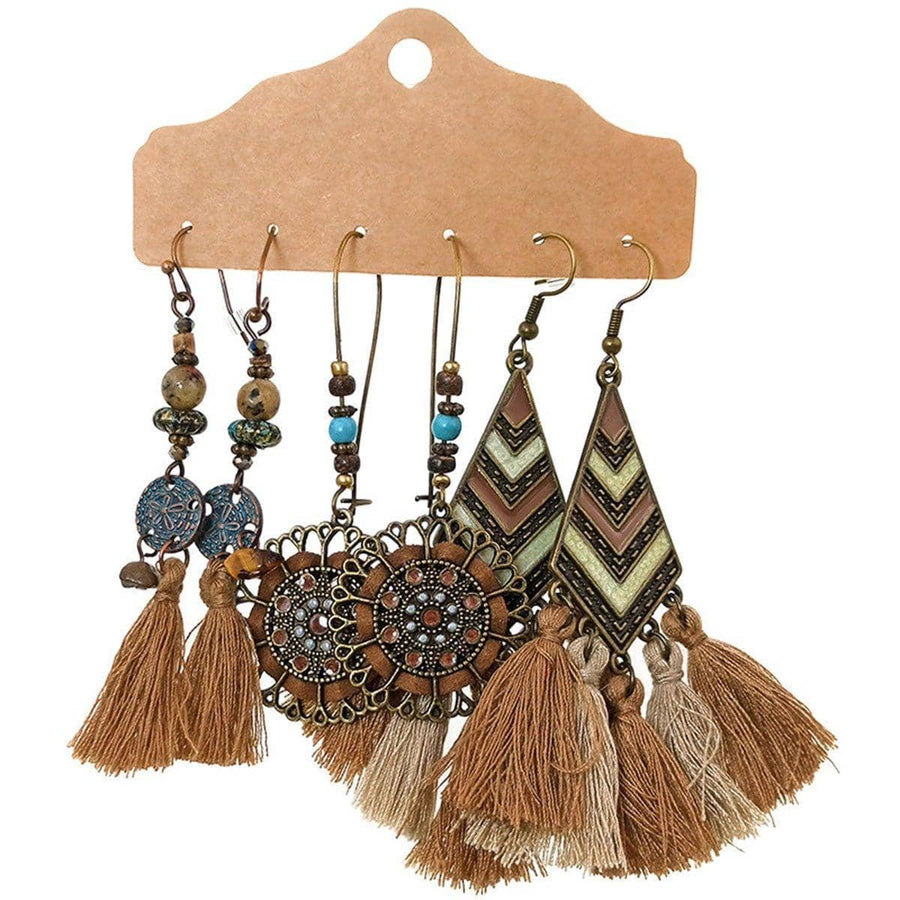Bohemian Earrings, Set of 3 Pairs - Chevron Drop and Brown Tassel