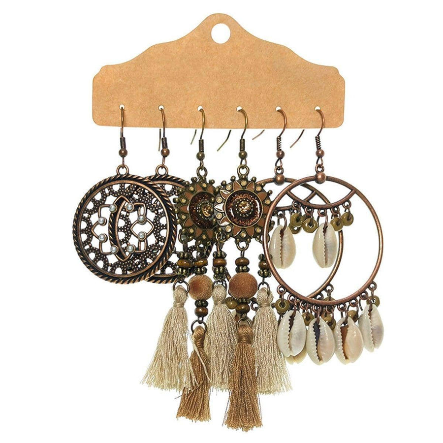 Bohemian Earrings, Set of 3 Pairs - Cowrie Shell Hoop and Beige Tassel